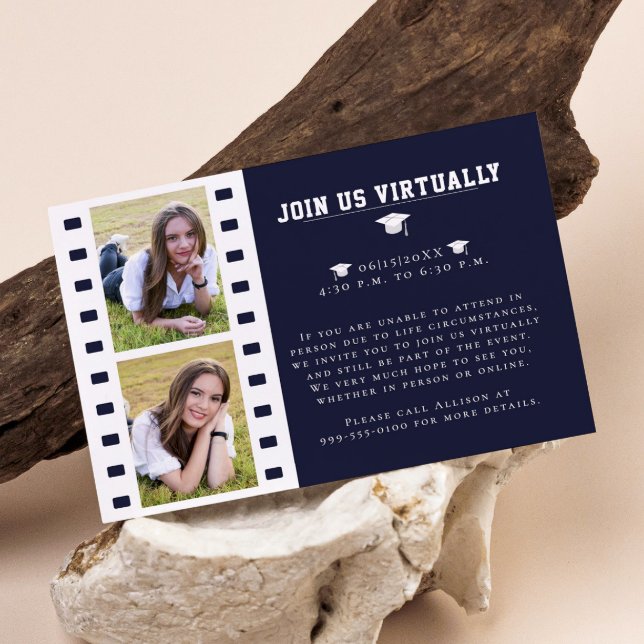 Tarjeta De Recepción Graduación de Collage de fotos de tiras de películ (Blue Filmstrip Photo Collage Graduation Enclosure Card)
