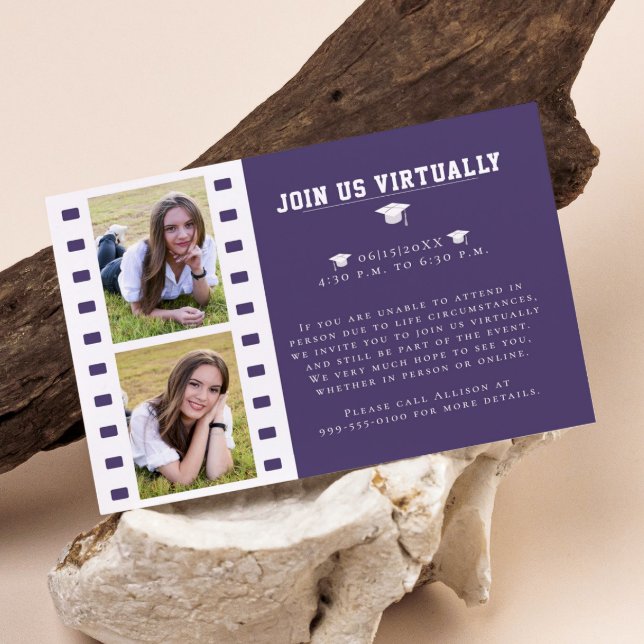 Tarjeta De Recepción Graduación de Collage de fotos de tiras de películ (Purple Filmstrip Photo Collage Graduation Enclosure Card)