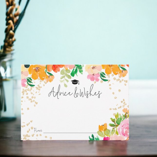 Tarjeta De Recepción Graduación del consejo botánico floral del purpuri (Gold glitter floral botanical advice graduation enclosure card)