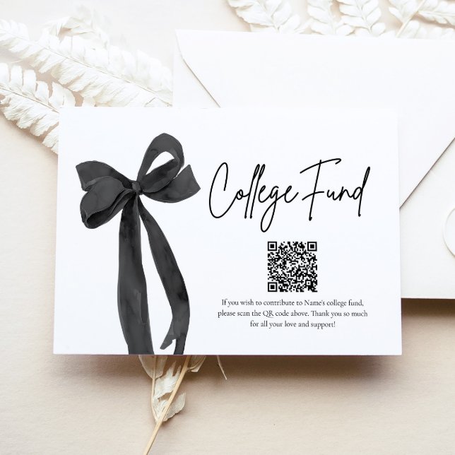 Tarjeta De Recepción Graduación del fondo de estudios universitarios de (Modern Black Bow QR Code College Fund Graduation Card)