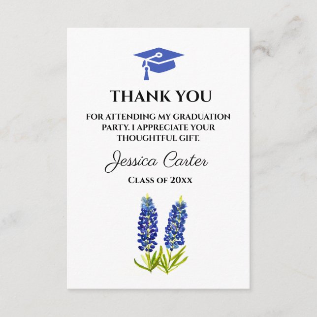 Tarjeta De Recepción Graduación Floral de Bluebonnets Gracias (Anverso)
