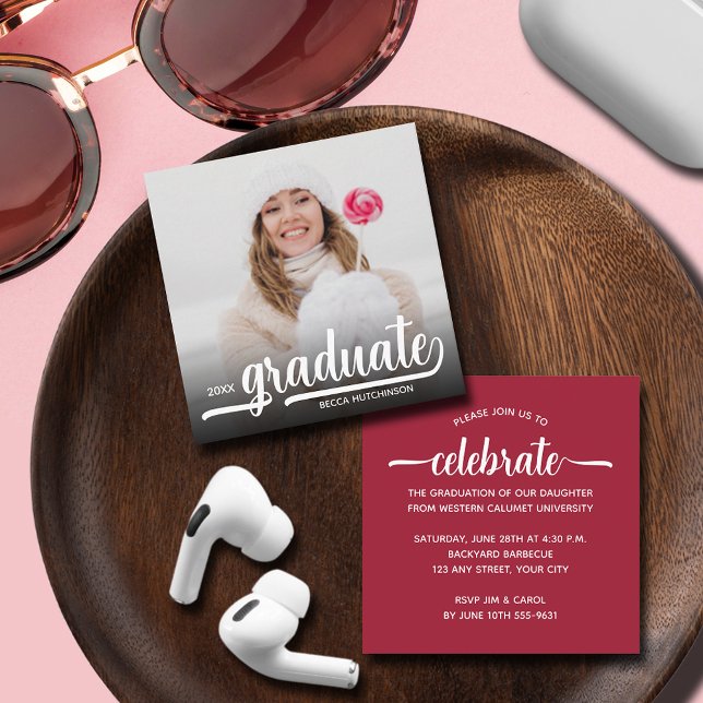 Tarjeta De Recepción Graduación moderna de Photo Crimson (SMALL 2.5" SQUARE graduation invitations are perfect to enclose with  announcements or to hand out.)