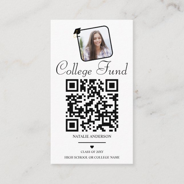 Tarjeta De Recepción Graduación QR del Fondo del Colegio Blanco Negro (Anverso)