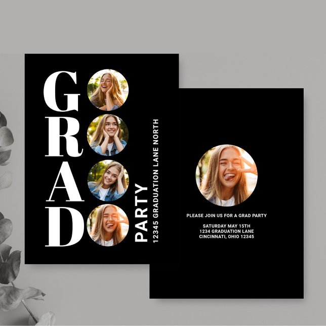 Tarjeta De Recepción Graduado Collage de fotos blanco y negro moderno (Grad party black and white photo enclosure card. )