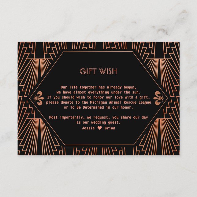Tarjeta De Recepción Gran deseo de regalo de Boda de cobre Gatsby de lo (Anverso)