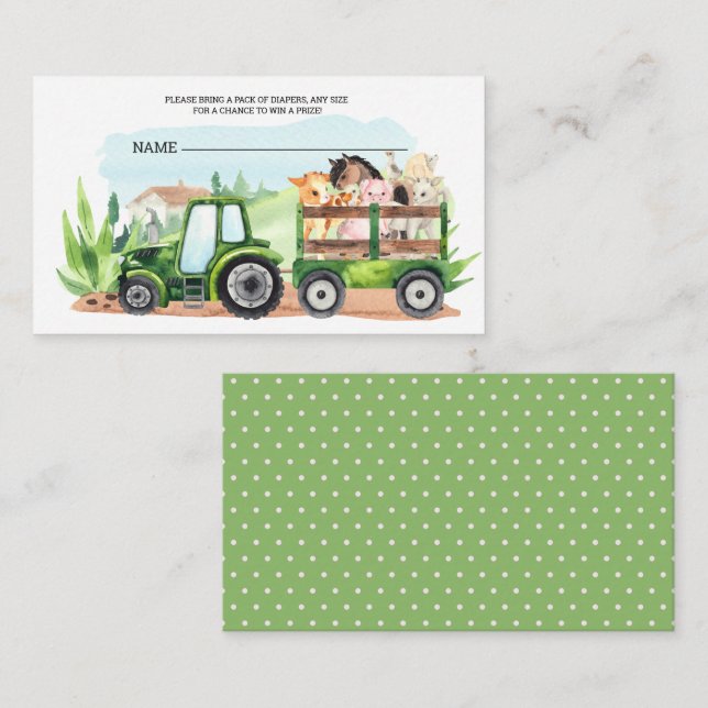 Tarjeta De Recepción Granja Animales Tractor Verde Niños Diaper Raffle (Anverso / Reverso)