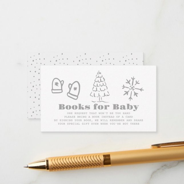 Tarjeta De Recepción Gray Hand-Drawn Winter Baby Shower Book Request (Anverso/Reverso In Situ)