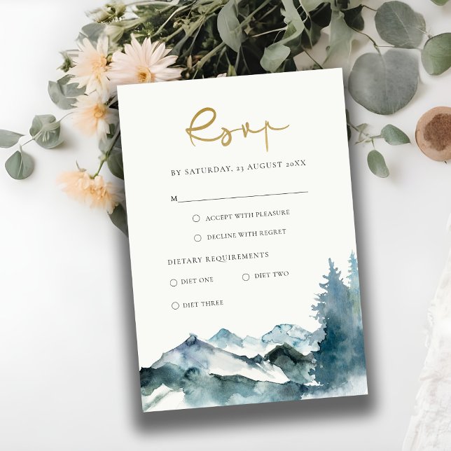 TARJETA DE RECEPCIÓN GRAY RUBOR VERDE MONTAÑAS AZULES VERDES PINO BODA  (Subido por el creador)