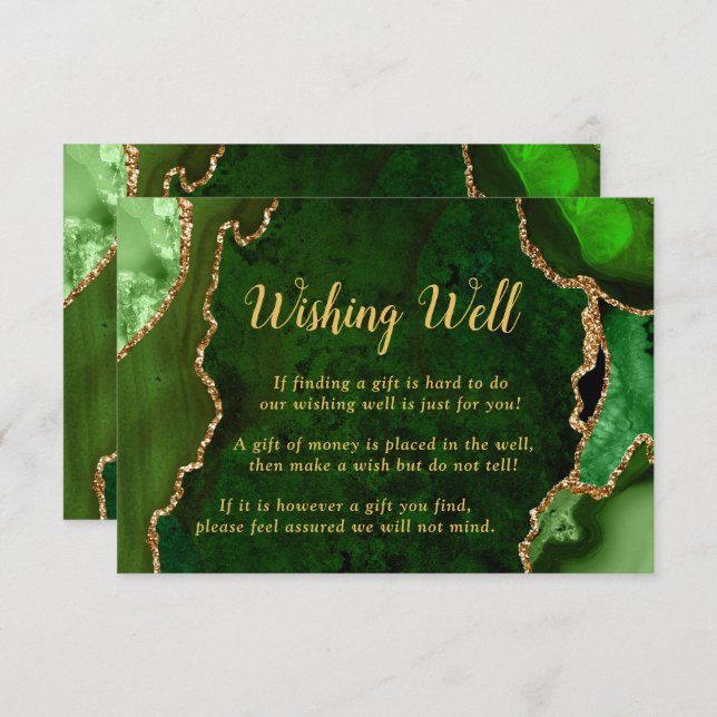 Tarjeta De Recepción Green and Gold Agate Wedding Wishing Well (Anverso / Reverso)