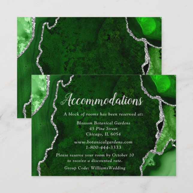 Tarjeta De Recepción Green and Silver Agate Wedding Accommodations (Anverso / Reverso)