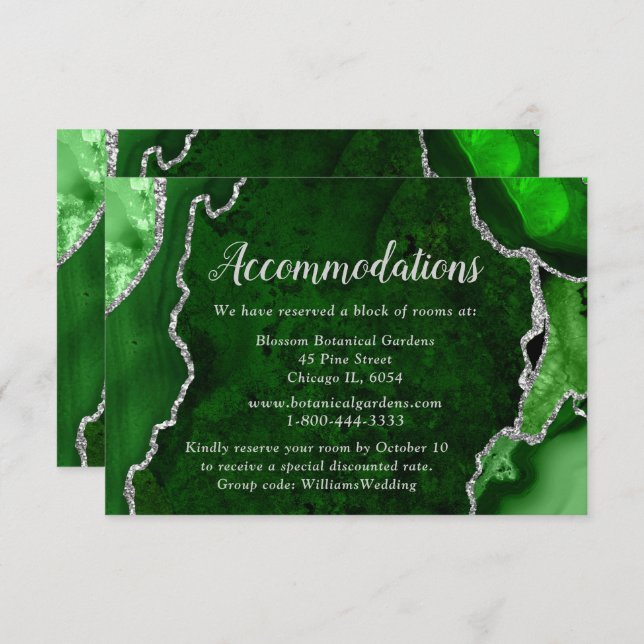 Tarjeta De Recepción Green and Silver Agate Wedding Accommodations (Anverso / Reverso)