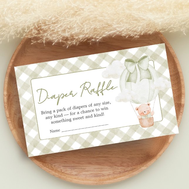 Tarjeta De Recepción Green Bear Bearly Wait Baby Shower Diaper Raffle (Sage Green Bear Hot Air Balloon Baby Shower Diaper Raffle)
