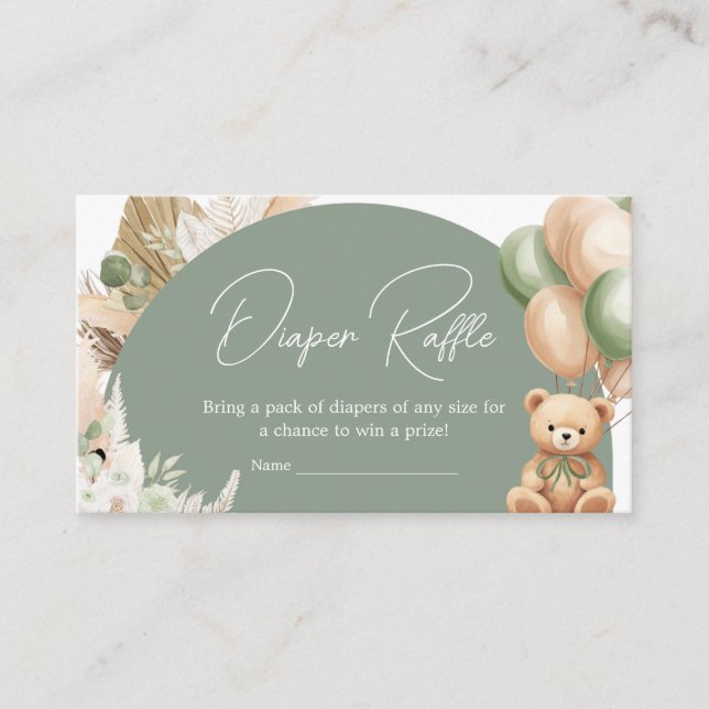 Tarjeta De Recepción Green Boho Bear Balloon Baby Shower Diaper Raffle (Anverso)