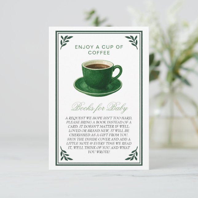 Tarjeta De Recepción Green Coffee Cup Books for Baby Shower (Anverso de pie)