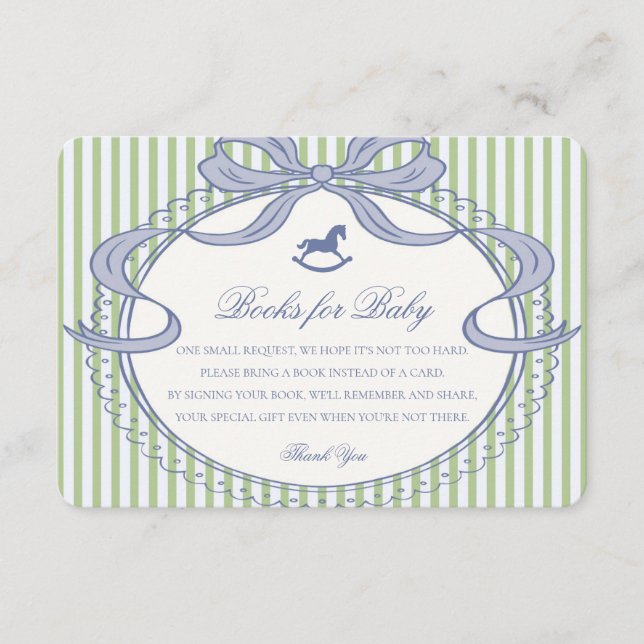 Tarjeta De Recepción Green Coquette Bow Rocking Horse Books for Baby (Anverso)