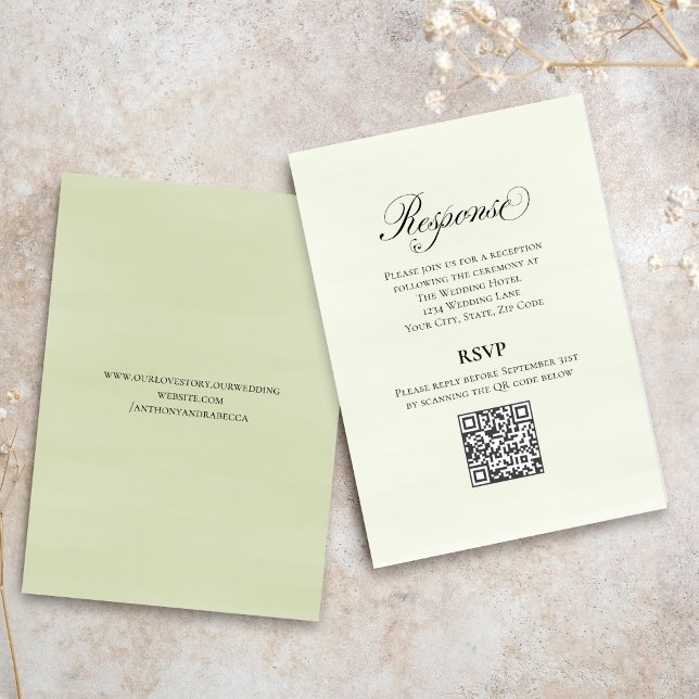 Tarjeta De Recepción Green Script Wedding QR Code RSVP Elegant  (Elegant greenery script RSVP with QR code for easy online guest responses.)
