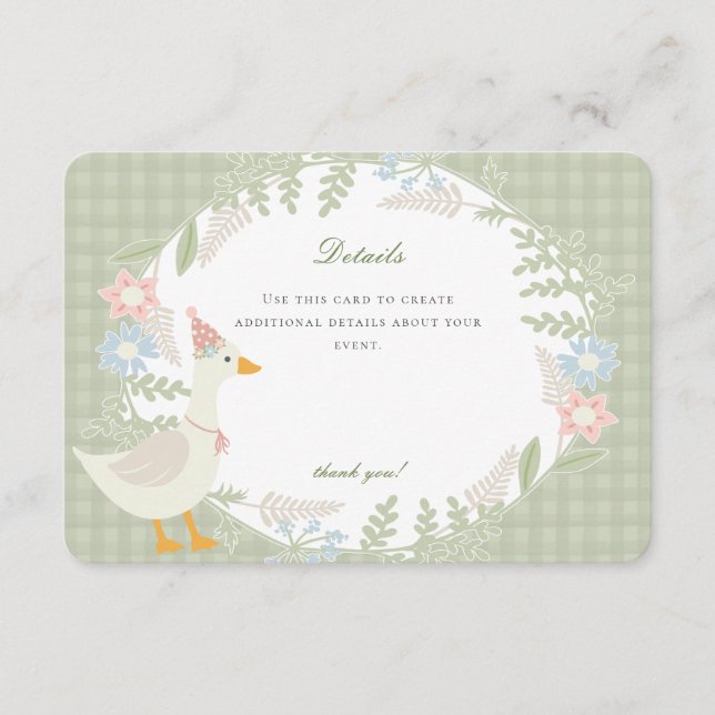 Tarjeta De Recepción Green Silly Goose Gingham Floral Details (Anverso)
