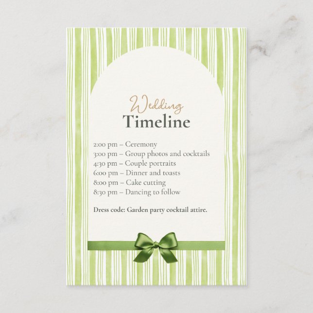 Tarjeta De Recepción Green Stripe Wedding Timeline Cards with QR Code (Anverso)