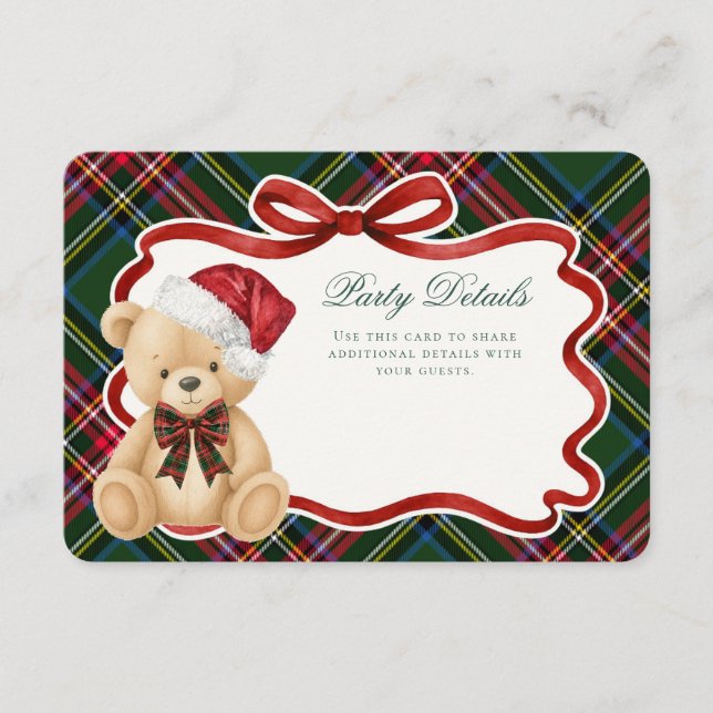 Tarjeta De Recepción Green Tartan Plaid Christmas Bear Details (Anverso)