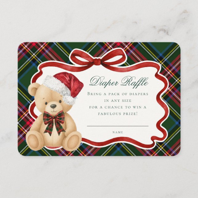 Tarjeta De Recepción Green Tartan Plaid Christmas Bear Diaper Raffle (Anverso)
