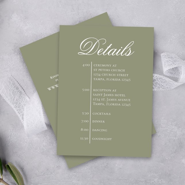 Tarjeta De Recepción Green Wedding Timeline Details Simple RSVP (Elegant green wedding enclosure details card. With simple timeline.)