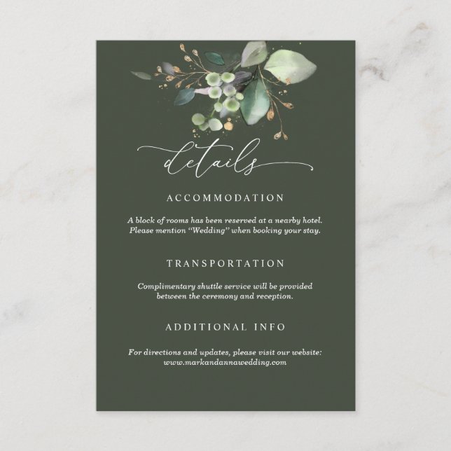 Tarjeta De Recepción Greenery and Gold Wedding Details Card (Anverso)