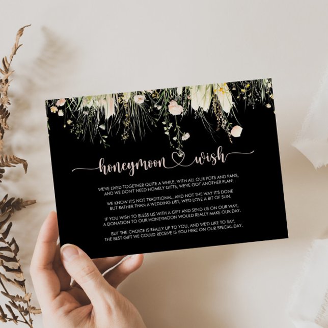 Tarjeta De Recepción Greenery Boho Wildflower Black Honeymoon Wish (Subido por el creador)