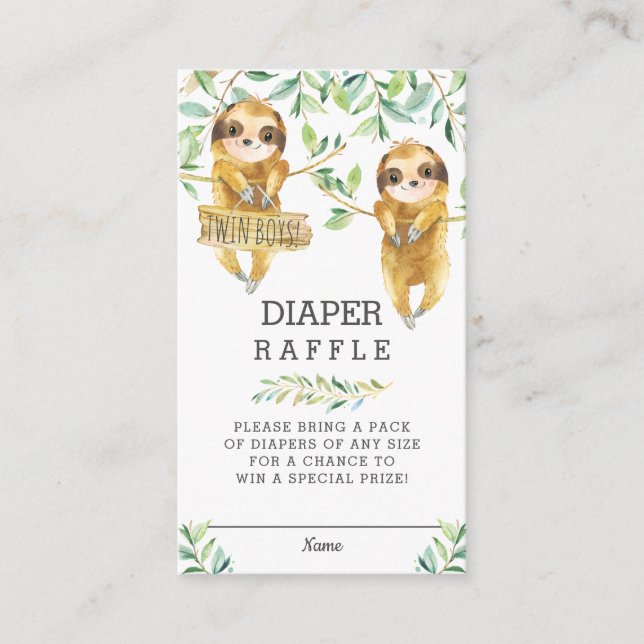 Tarjeta De Recepción Greenery Cute Sloth Twin Baby Shower Diaper Raffle (Anverso)