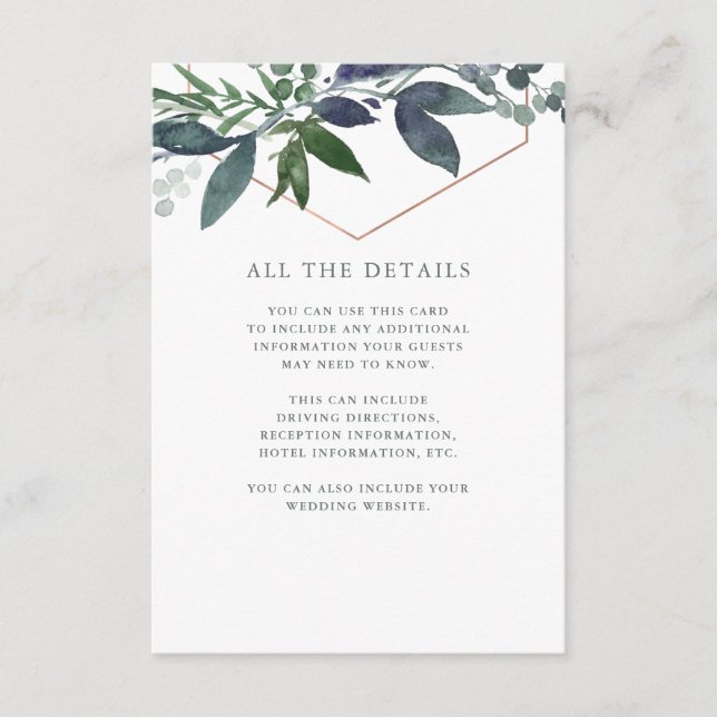 Tarjeta De Recepción Greenery Geo | Detalles del Boda Rosa Gold (Anverso)