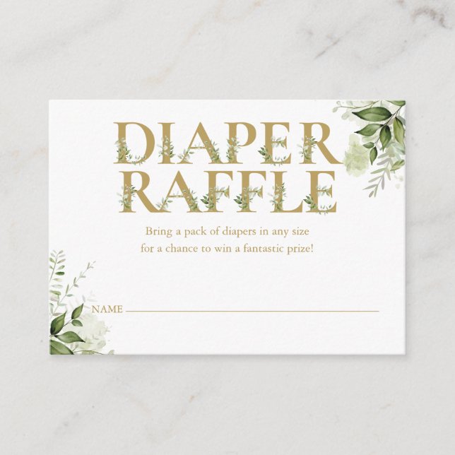 Tarjeta De Recepción Greenery Gold Diaper Raffle Baby Shower (Anverso)