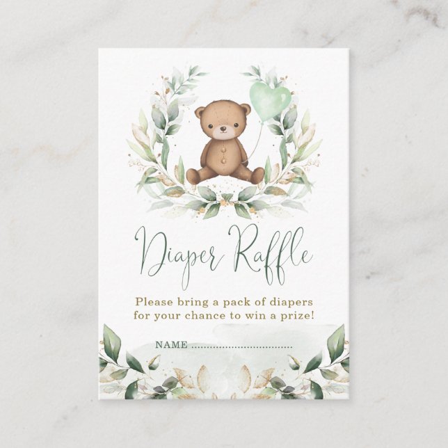 Tarjeta De Recepción Greenery Gold Teddy Bear Diaper Raffle Baby Shower (Anverso)