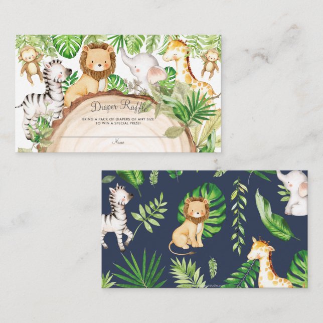Tarjeta De Recepción Greenery Jungle Animals Baby Shower Diaper Raffle (Anverso / Reverso)