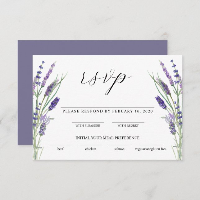 Tarjeta De Recepción Greenery Lavender Lilac Purple Lila Wedding RSVP (Anverso / Reverso)