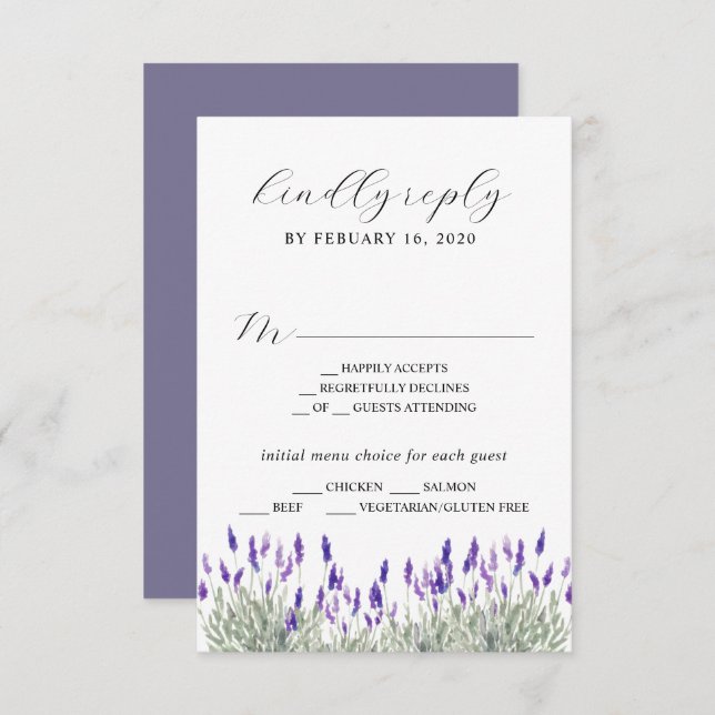 Tarjeta De Recepción Greenery Lavender Lilac Purple Lila Wedding RSVP E (Anverso / Reverso)