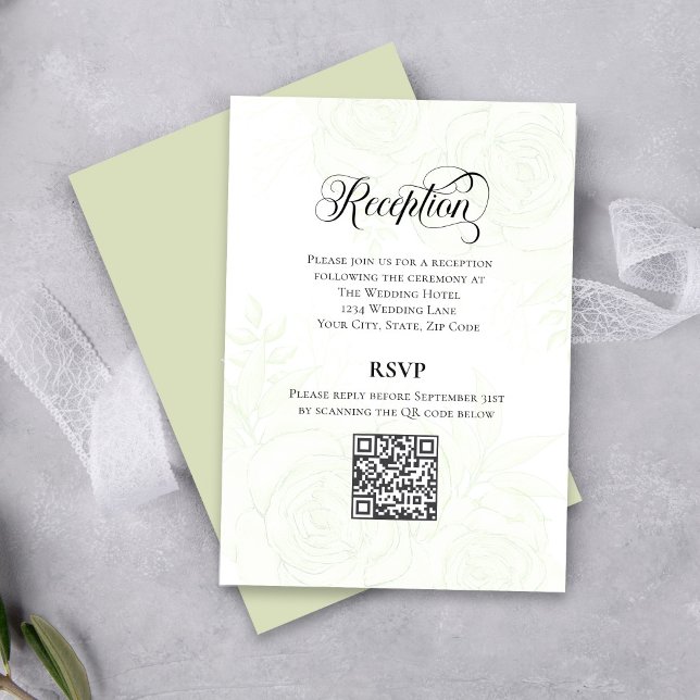Tarjeta De Recepción Greenery Script Wedding QR Code Reception Card (Elegant greenery wedding reception card with QR code for easy guest RSVP.)