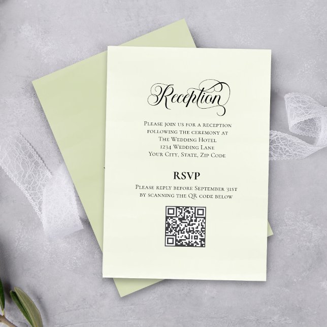 Tarjeta De Recepción Greenery Script Wedding QR Code Reception Elegant  (Elegant reception details with QR code for easy guest info access.)