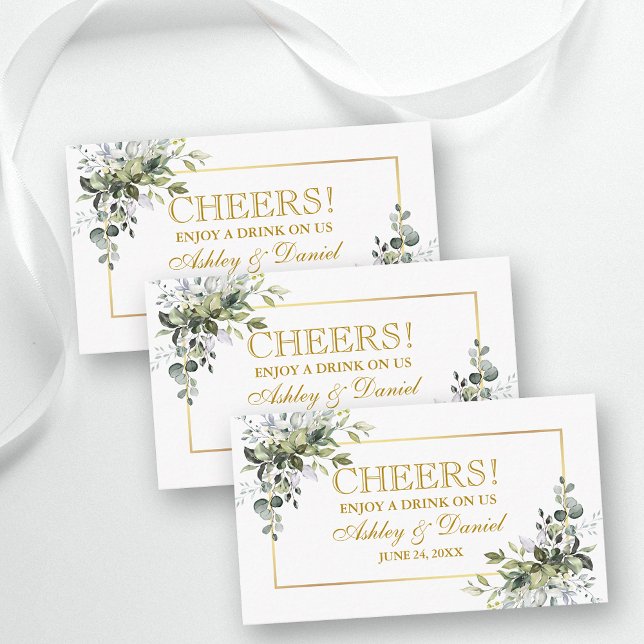 Tarjeta De Recepción Greenery Wedding Reception Gold Drink Ticket Card (Customize to change text color, style, size or to add more text to back of card.)