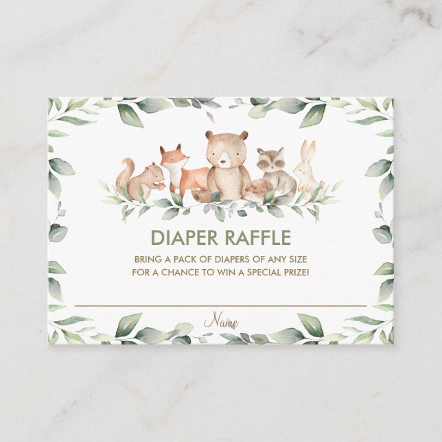 Tarjeta De Recepción Greenery Woodland Animal Baby Shower Diaper Raffle (Anverso)