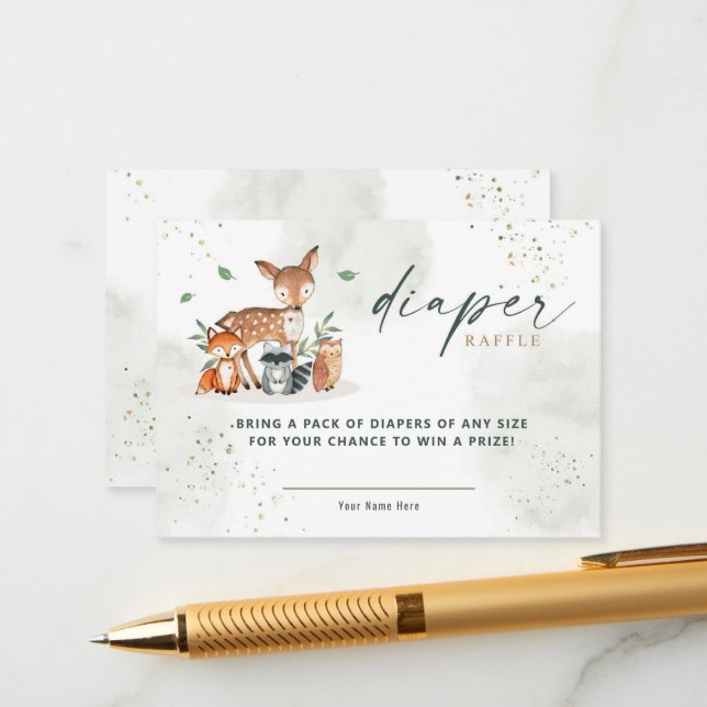 Tarjeta De Recepción Greenery Woodland Baby Shower Diaper Raffle (Anverso/Reverso In Situ)