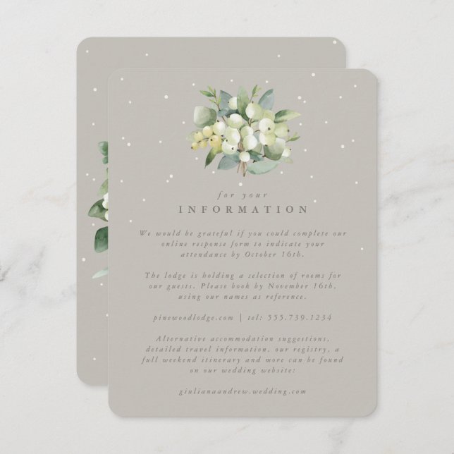 Tarjeta De Recepción Greige Snowberry+Eucalyptus Bouquet Boda Info (Anverso / Reverso)