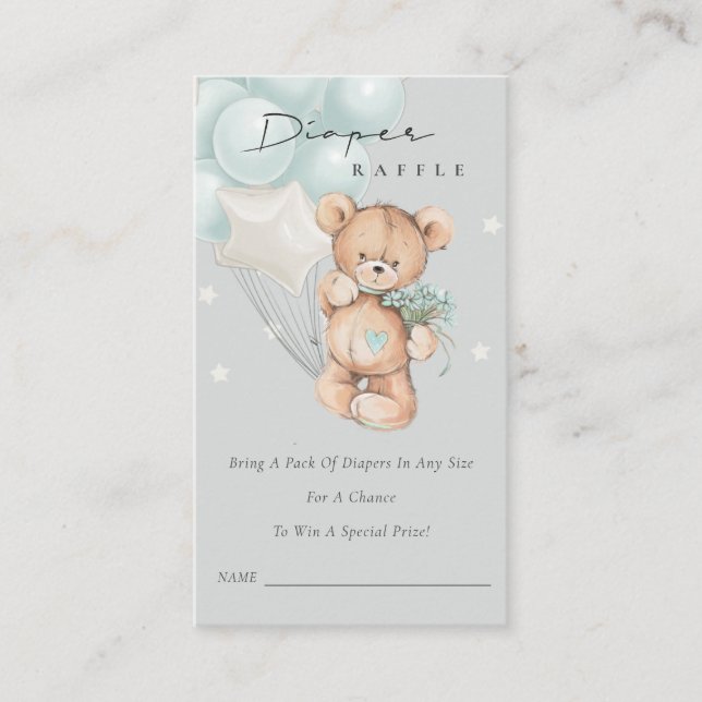 Tarjeta De Recepción Gris Blue Bear Balloon Diaper Raffle Baby Shower (Anverso)
