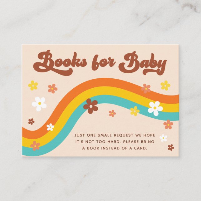 Tarjeta De Recepción Groovy Daisy Rainbow Retro Libros para Baby Shower (Anverso)