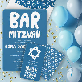 Tarjeta De Recepción Groovy Personalizado QR CODE Bar Bat Mitzvah Blue