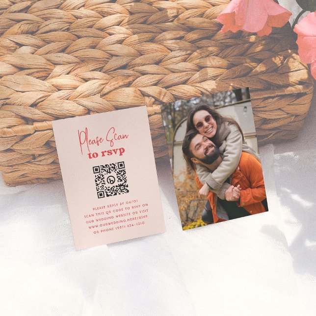 Tarjeta De Recepción Groovy Sparkle Fotografía roja Rosa QR Boda Código (Subido por el creador)
