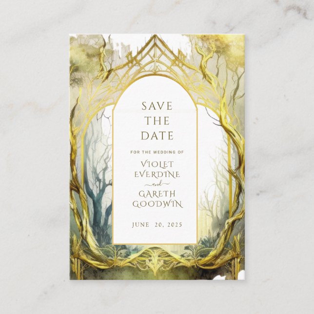 Tarjeta De Recepción Guardar la fecha bosque encantado boda oro (Anverso)