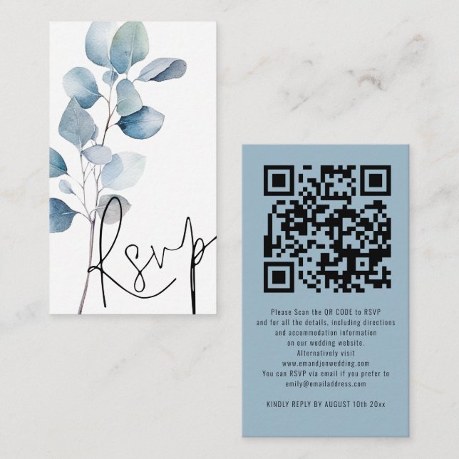 Tarjeta De Recepción Guión azul Eucalyptus Secuencia de código QR Boda  (Anverso / Reverso)