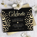 Tarjeta De Recepción Guión de Bat Mitzvah Black Relieve metalizado dora<br><div class="desc">¡Estén orgullosos, regocijaos y exhiban este hito de su Bat Mitzvah favorito! Esta impresionante, sofisticada y personalizada tarjeta de información fiesta es el lugar perfecto para esta ocasión especial. Los Relieves metalizados gráficos en oro con brillantes estrellas de David y "hojas" de punto, junto con el guión de caligrafía de...</div>