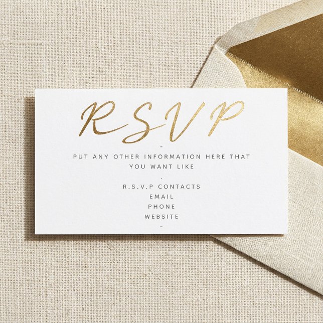Tarjeta De Recepción Guión de efecto dorado, blanco RSVP (Gold effect script, RSVP white Enclosure Card.)