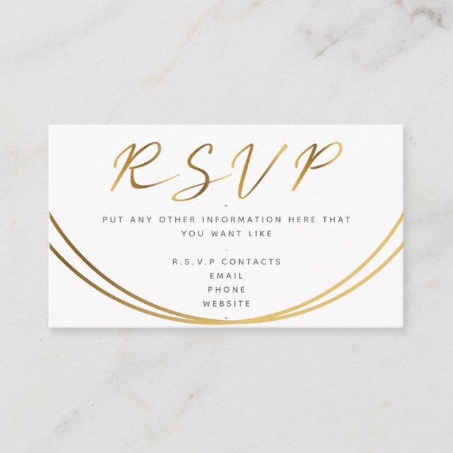 Tarjeta De Recepción Guión de efecto oro, blanco RSVP (Anverso)