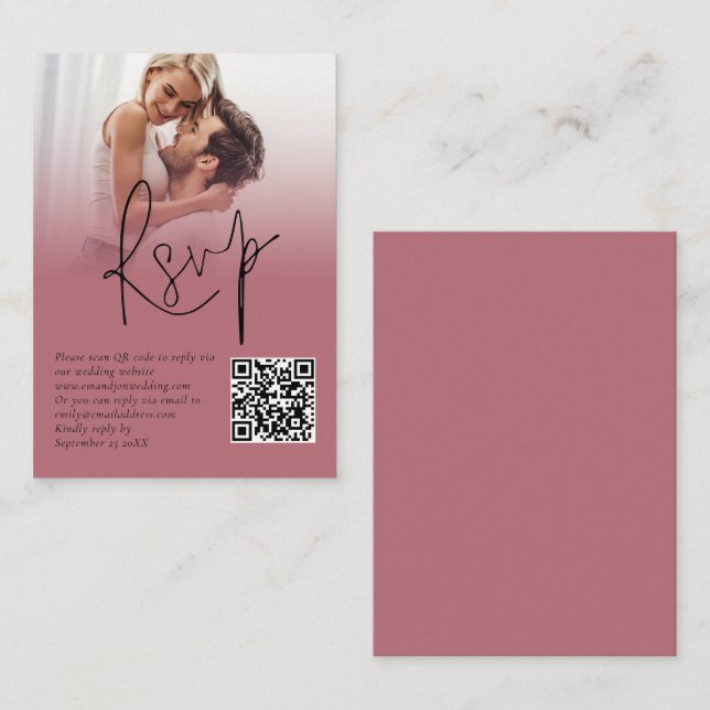 Tarjeta De Recepción Guión de superposición de foto QR Rosa Boda de oro (Anverso / Reverso)